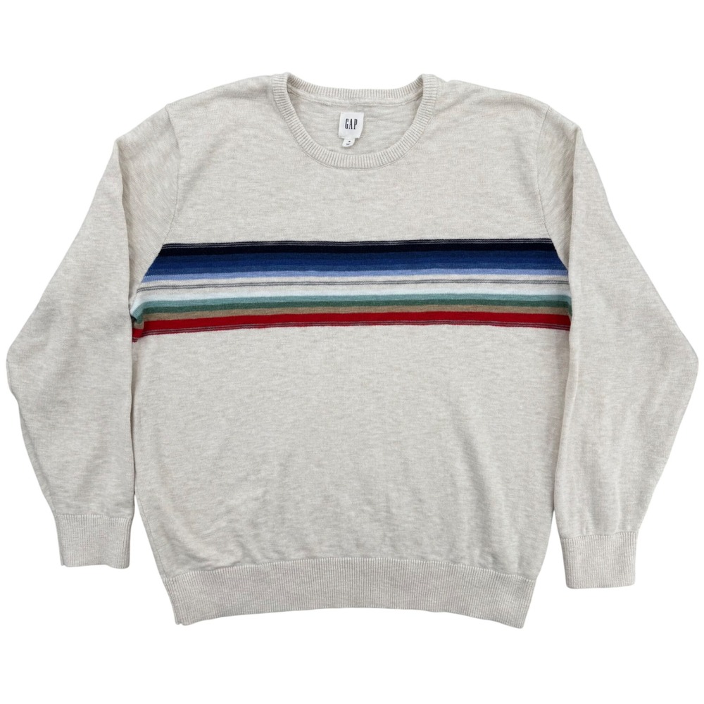 Gap Sweater Mens XL Beige Excellent Multi Color Chest Stripe Cotton Crewneck